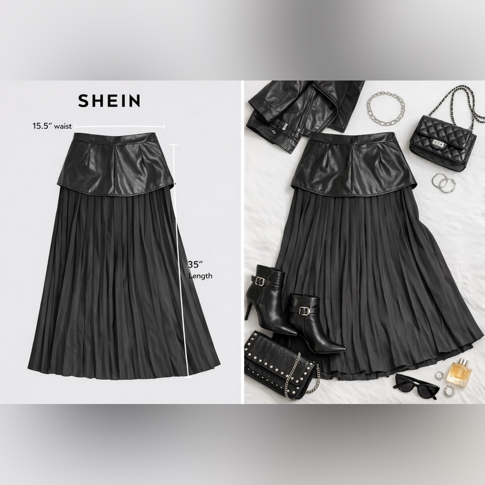 SHEIN Black Pleated Midi Skirt – Faux Leather Waistband, Size Large
